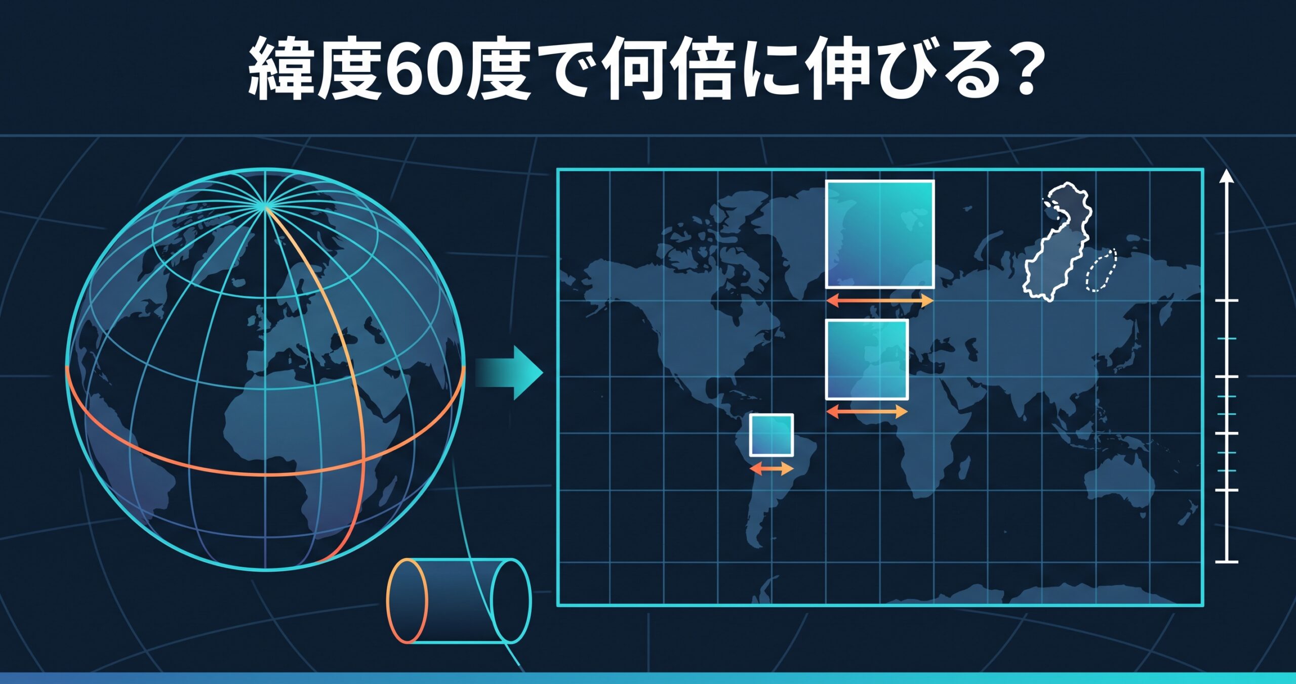 【クイズ解説⑰】メルカトル図法で緯度60度の場所は何倍に伸びる？ — 面積が実際とずれるしくみ