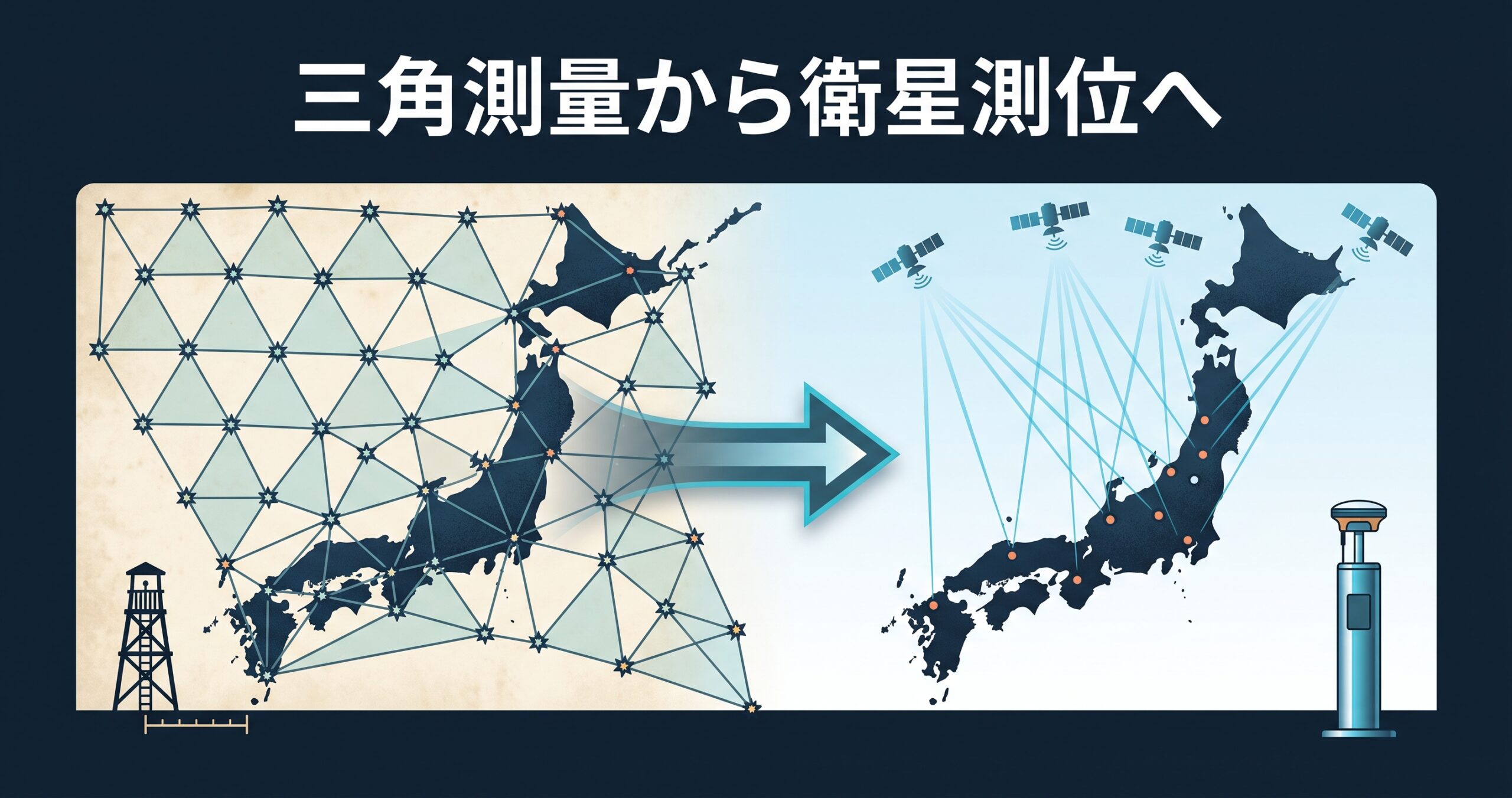 三角測量とは — 基線1本と角度だけで全国の座標を決めた方法と、GNSSで変わったこと