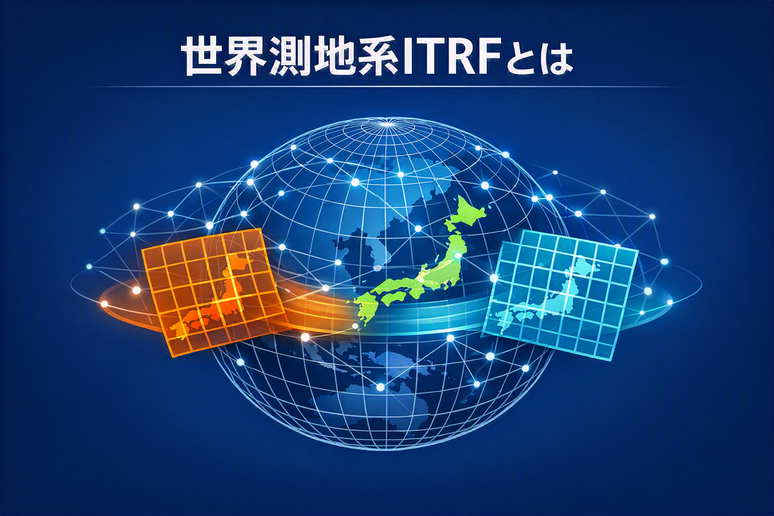 地球儀と経緯度グリッドで基準系を表したイメージ図